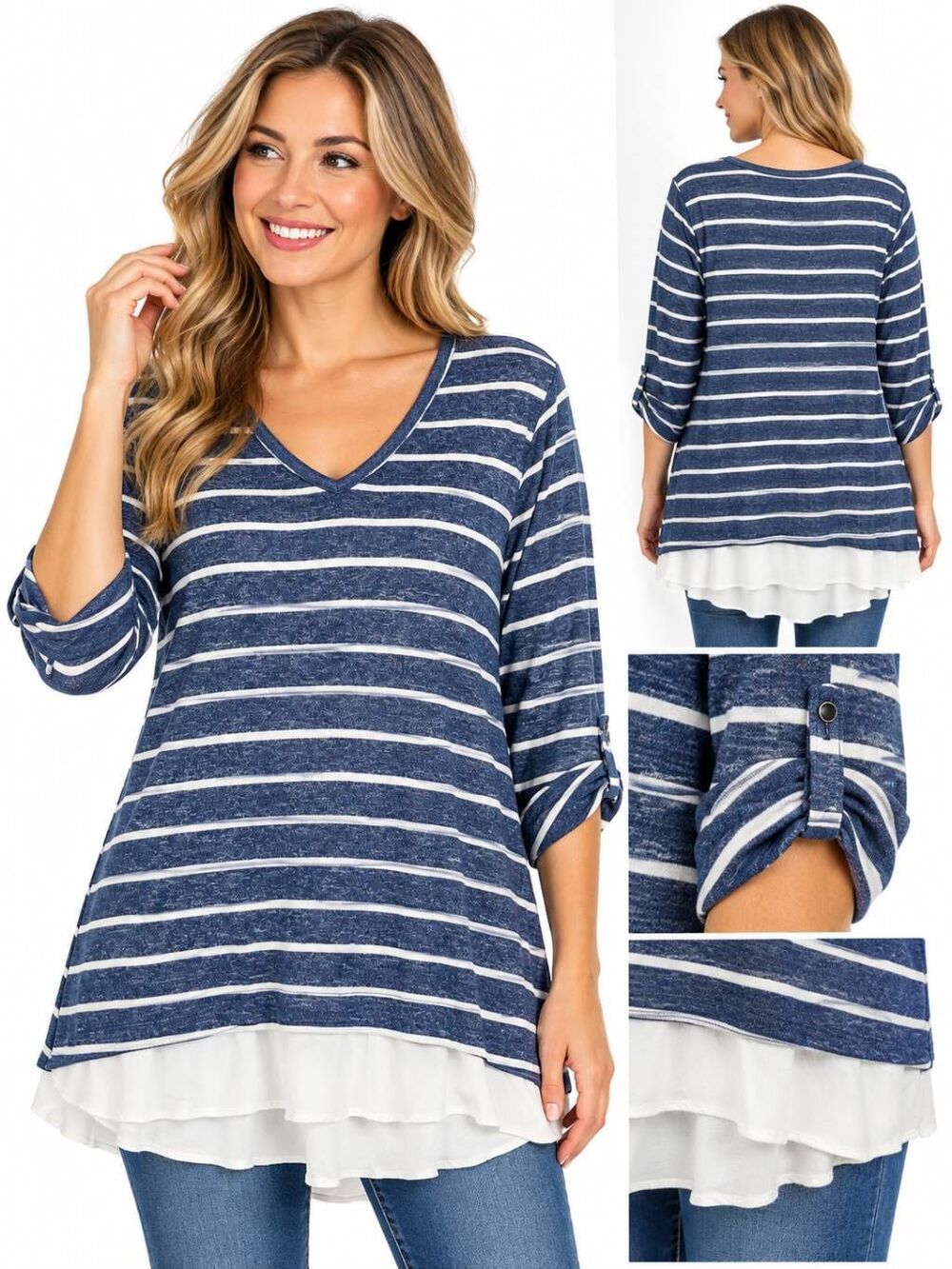 Cato L Navy Stripe Roll Tab Tunic Top